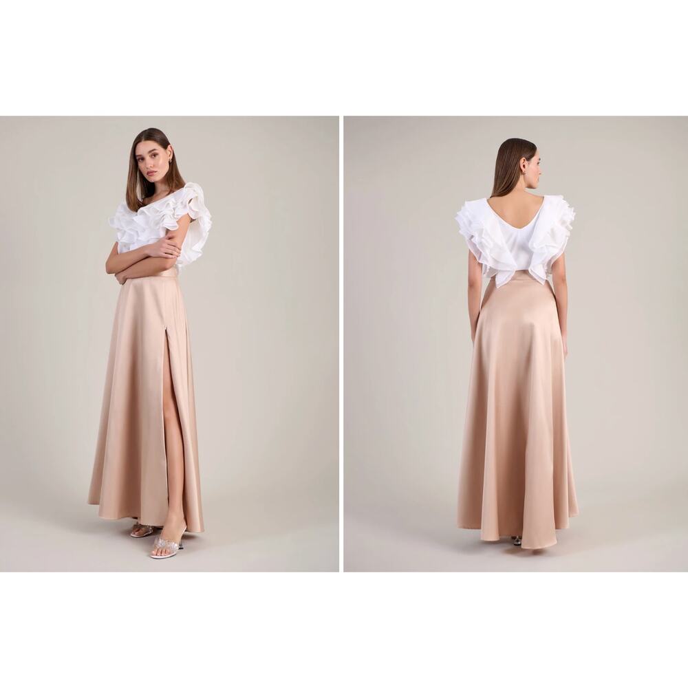 Anne Fontaine Joyce Skirt Tapioca Satin Cocktail Skirt With Zippered High Slit